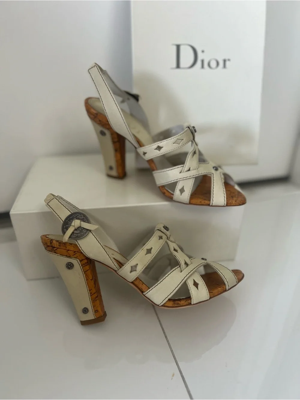 Dior Cream Leather Cork-Trim Slingback Heels